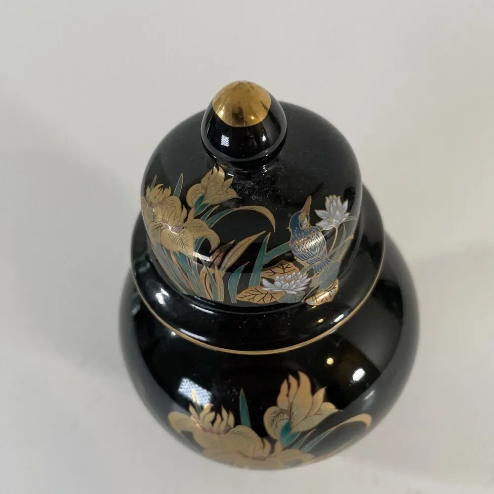 Vintage Made in Japan Black Gold Ginger Jar Lidded Vase Floral Bird